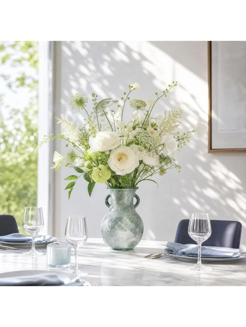 Vintage 7.9in Green Glass Vase, Art Deco Double Eared Marble Texture Decor